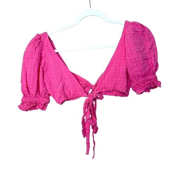 Borana Puff Sleeve Crop Top Back Tie Linen Stretch Pink Women S‎ Coquette - Picture 2 of 6